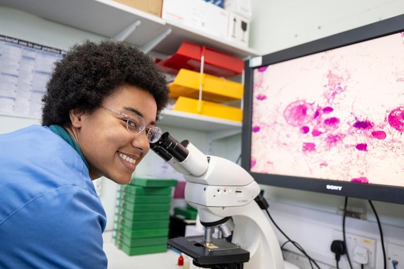 Veterinary student by a microscope