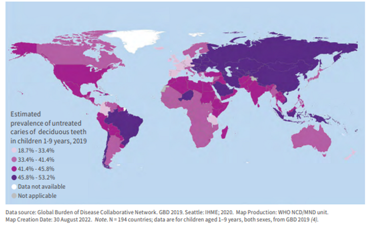 Map showing estimated prevalence of untreated caries of deciduous teeth in children 1–9, 2019.