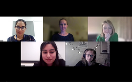 Screenshot of careers webinar Zoom with 5 smiling attendees.